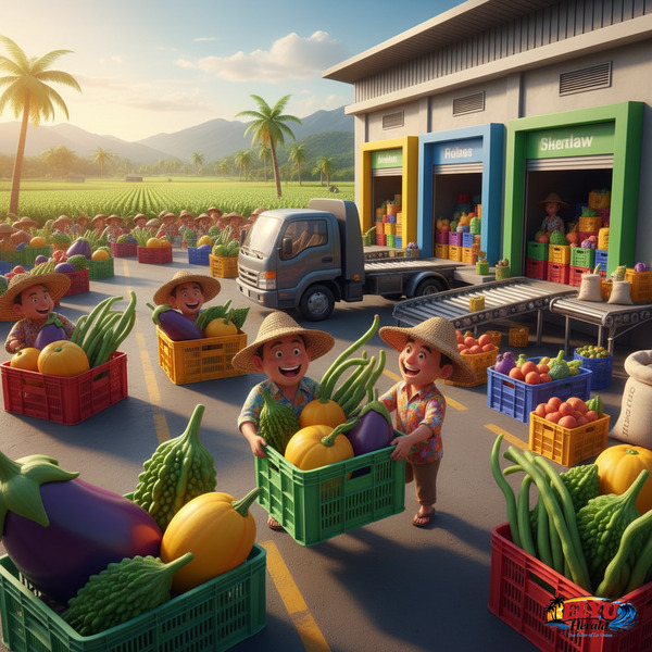 Farmers organizing agricultural produce at a trading hub