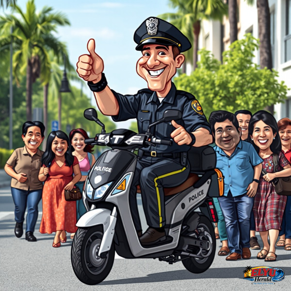 Police officer on an electric scooter patrolling a street in San Fernando City.