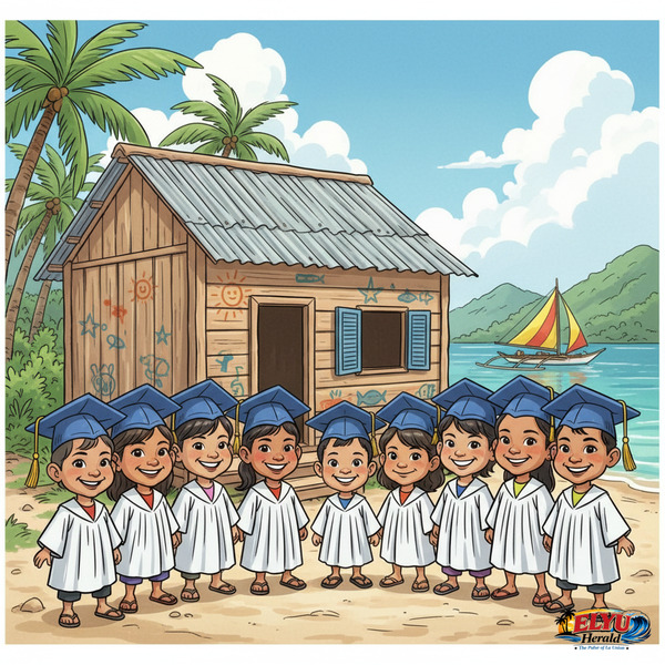 A small school building on a remote island with young graduates.