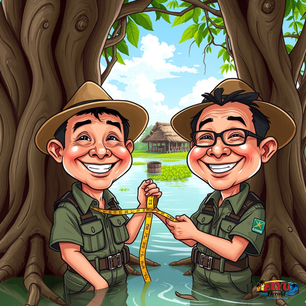 Environmental officers measuring mangrove trees