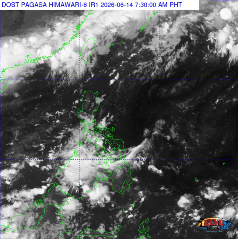A satellite view of cloudy skies over a coastal area.