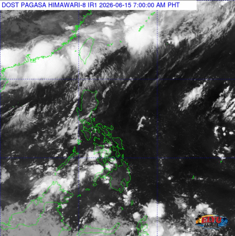 A satellite view of cloudy skies over a coastal area.